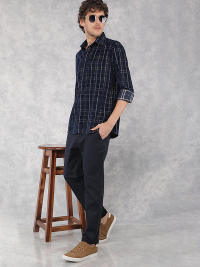 Navy Blue Checkered 100% Cotton Corduroy Shirt-Men Shirts-Crimsoune Club