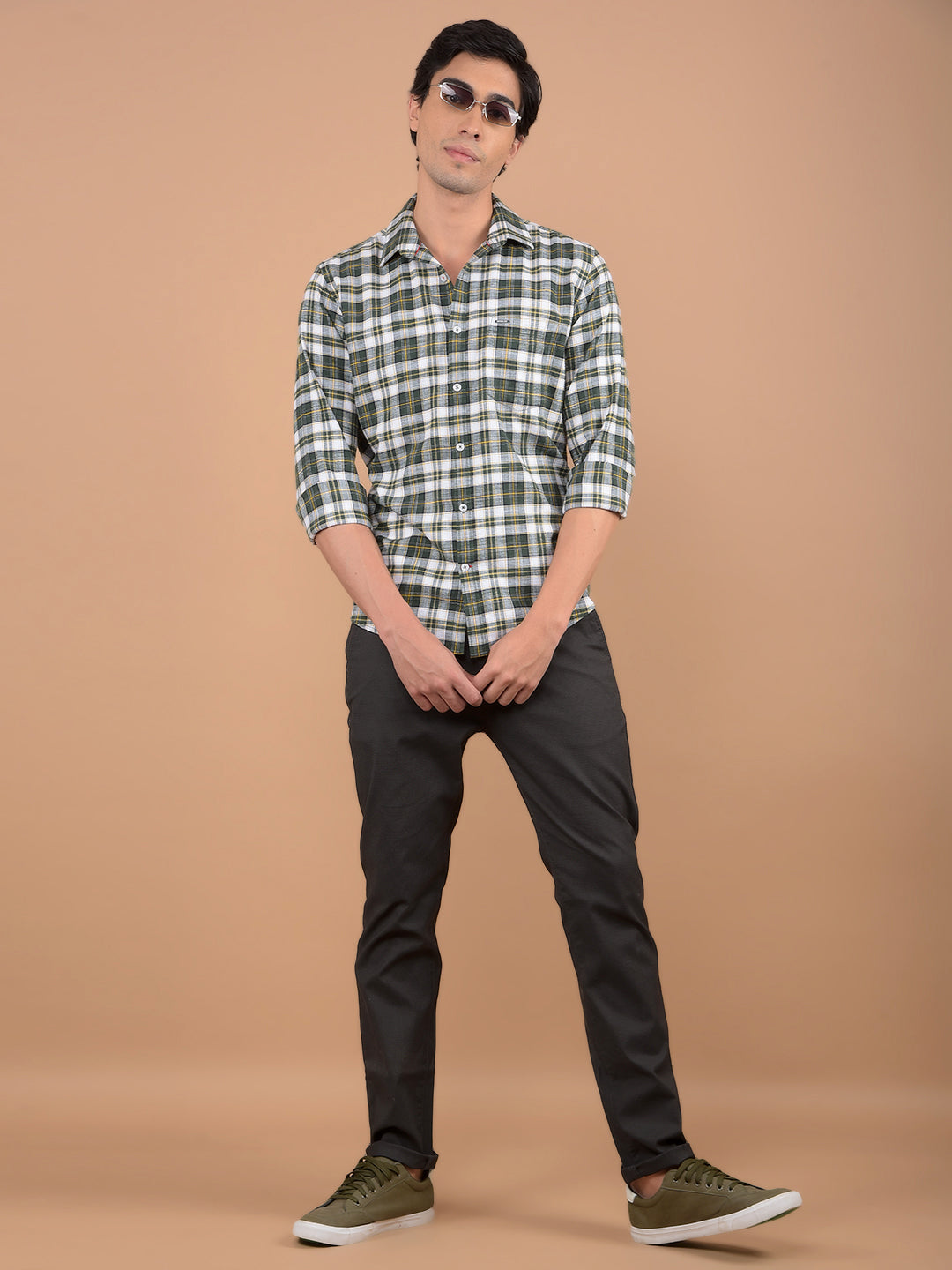 Green 100% Cotton Checked Shirt-Men Shirts-Crimsoune Club