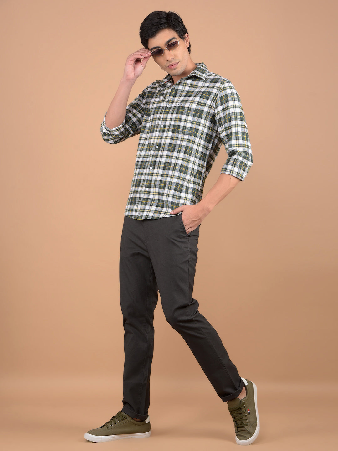 Green 100% Cotton Checked Shirt-Men Shirts-Crimsoune Club