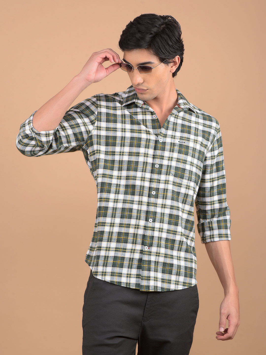 Green 100% Cotton Checked Shirt-Men Shirts-Crimsoune Club