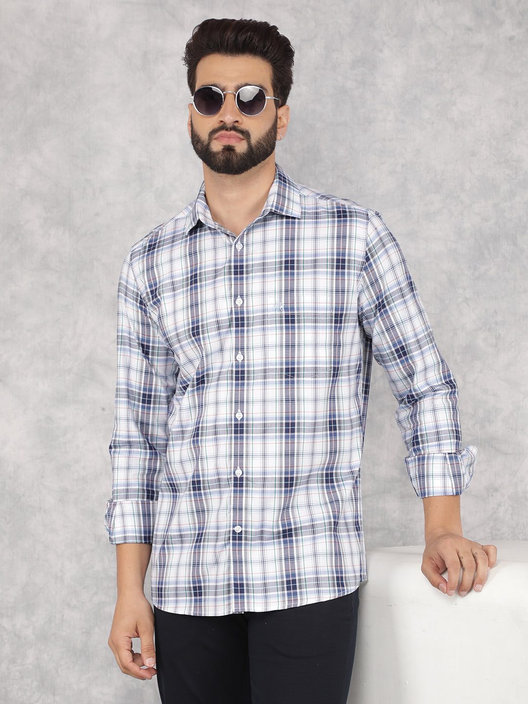 Blue Checked 100% Cotton Shirt-Men Shirts-Crimsoune Club