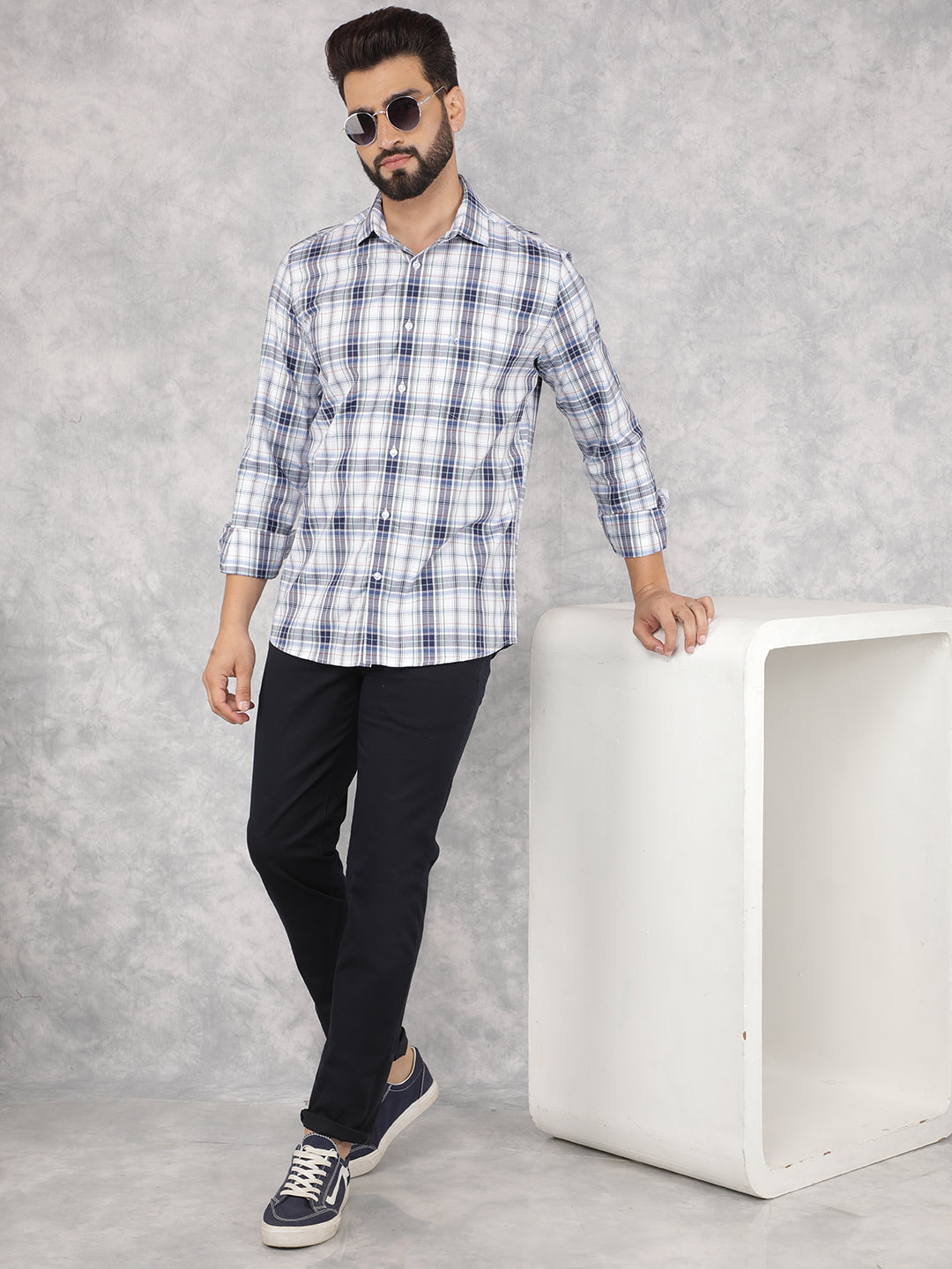 Blue Checked 100% Cotton Shirt-Men Shirts-Crimsoune Club