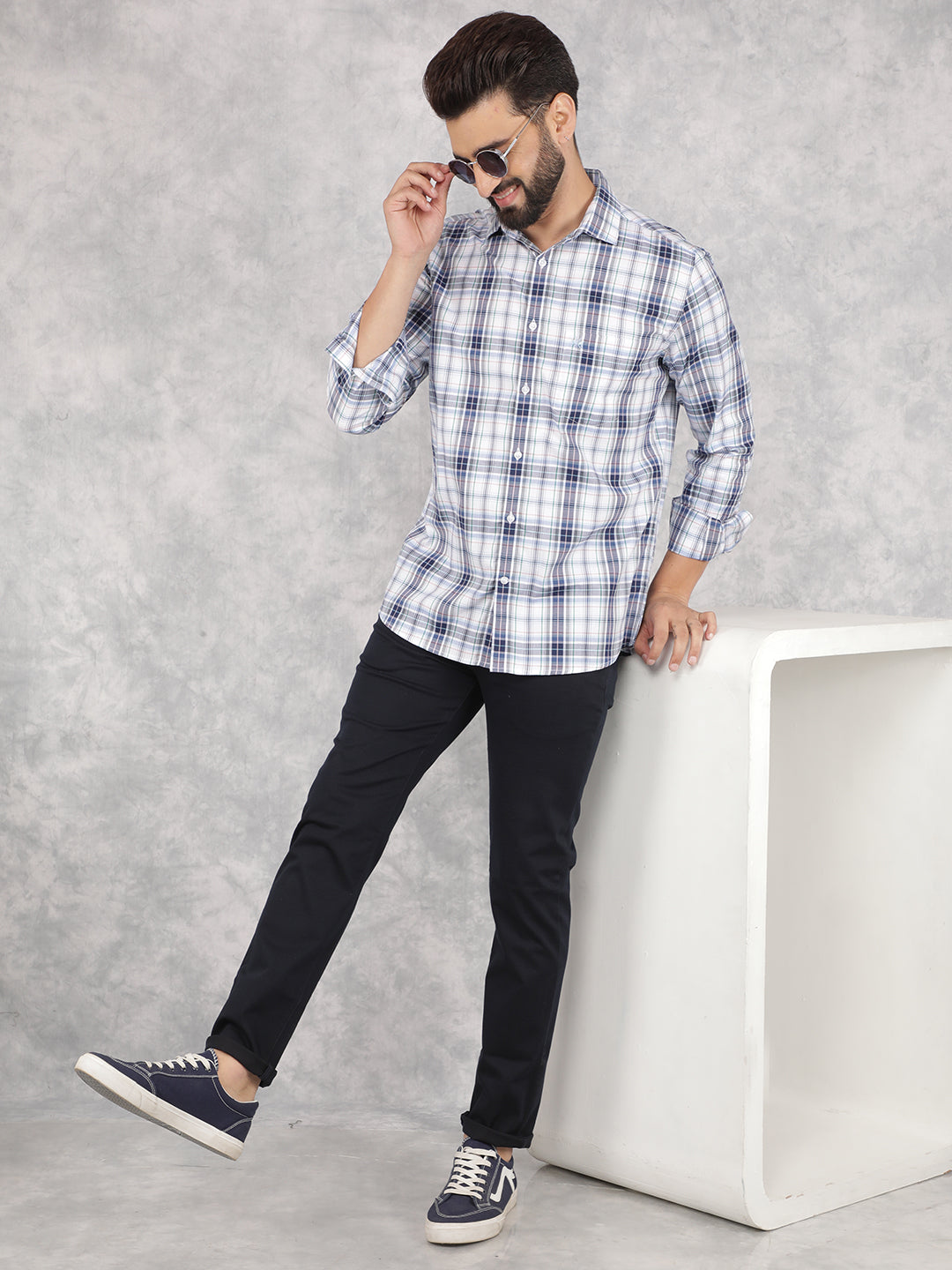 Blue Checked 100% Cotton Shirt-Men Shirts-Crimsoune Club