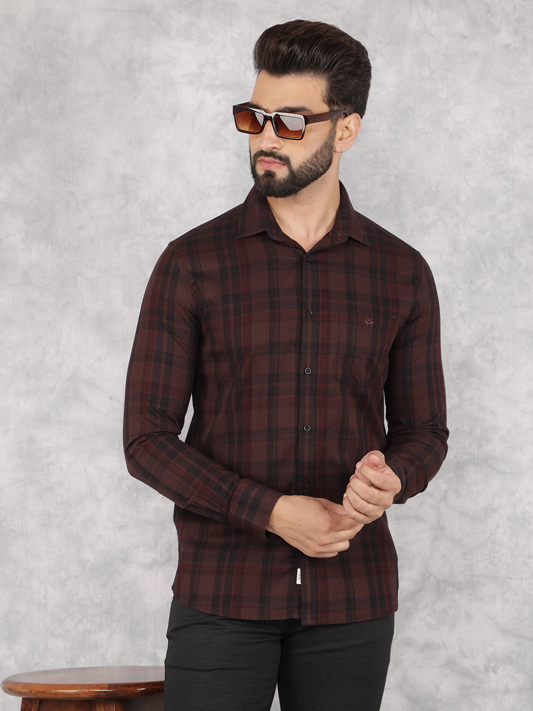 Brown Checked 100% Cotton Shirt-Men Shirts-Crimsoune Club