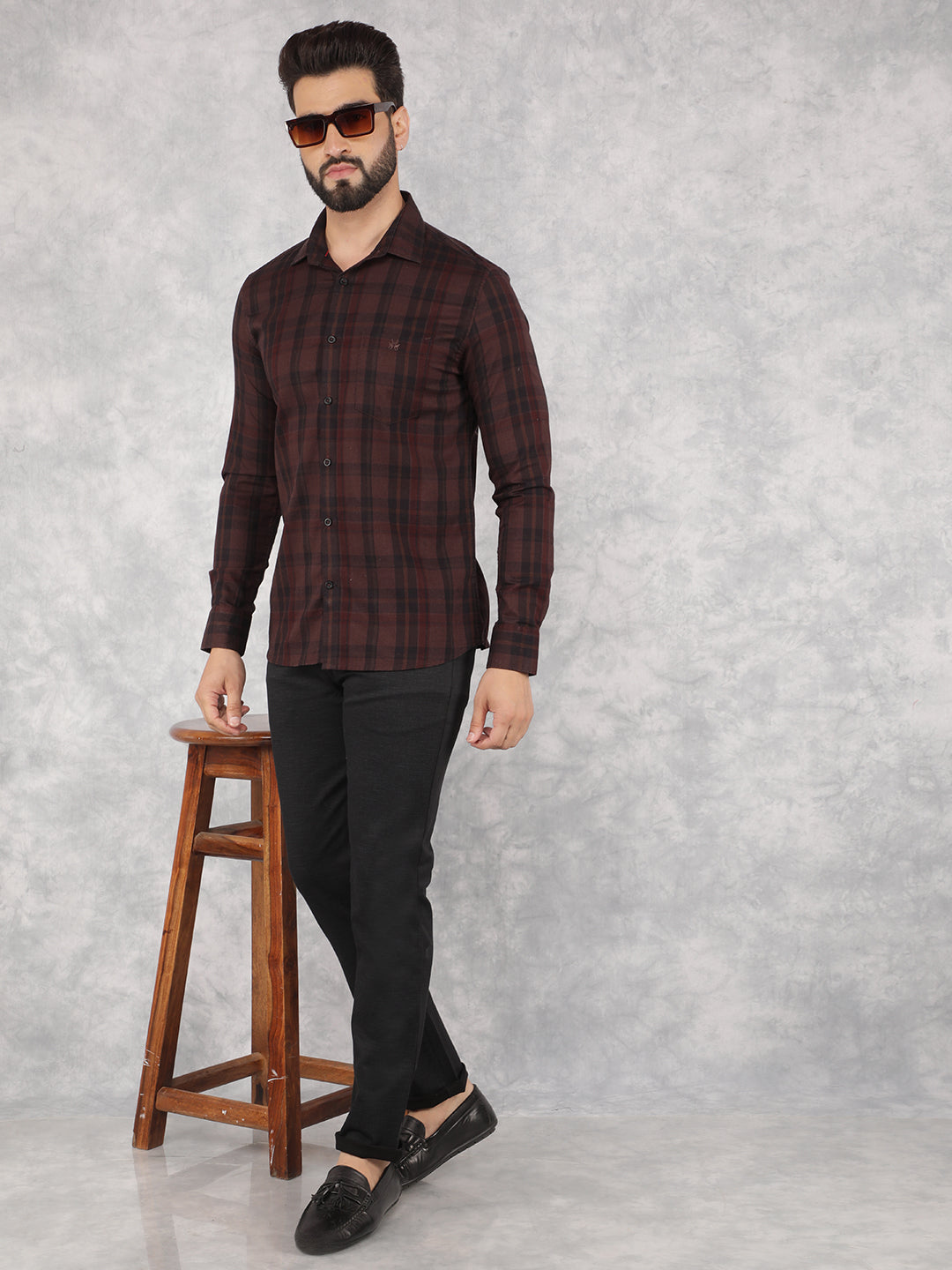 Brown Checked 100% Cotton Shirt-Men Shirts-Crimsoune Club