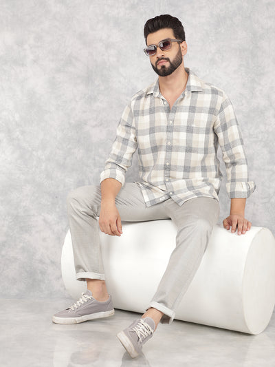 Beige Checked Corduroy Shirt-Men Shirts-Crimsoune Club