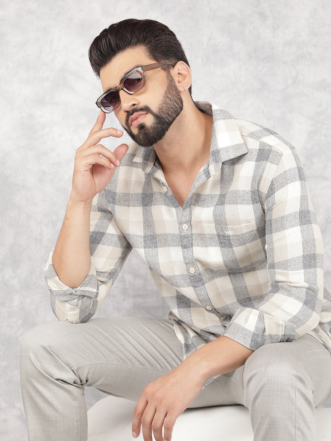 Beige Checked Corduroy Shirt-Men Shirts-Crimsoune Club