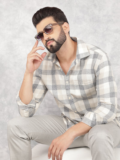 Beige Checked Corduroy Shirt-Men Shirts-Crimsoune Club