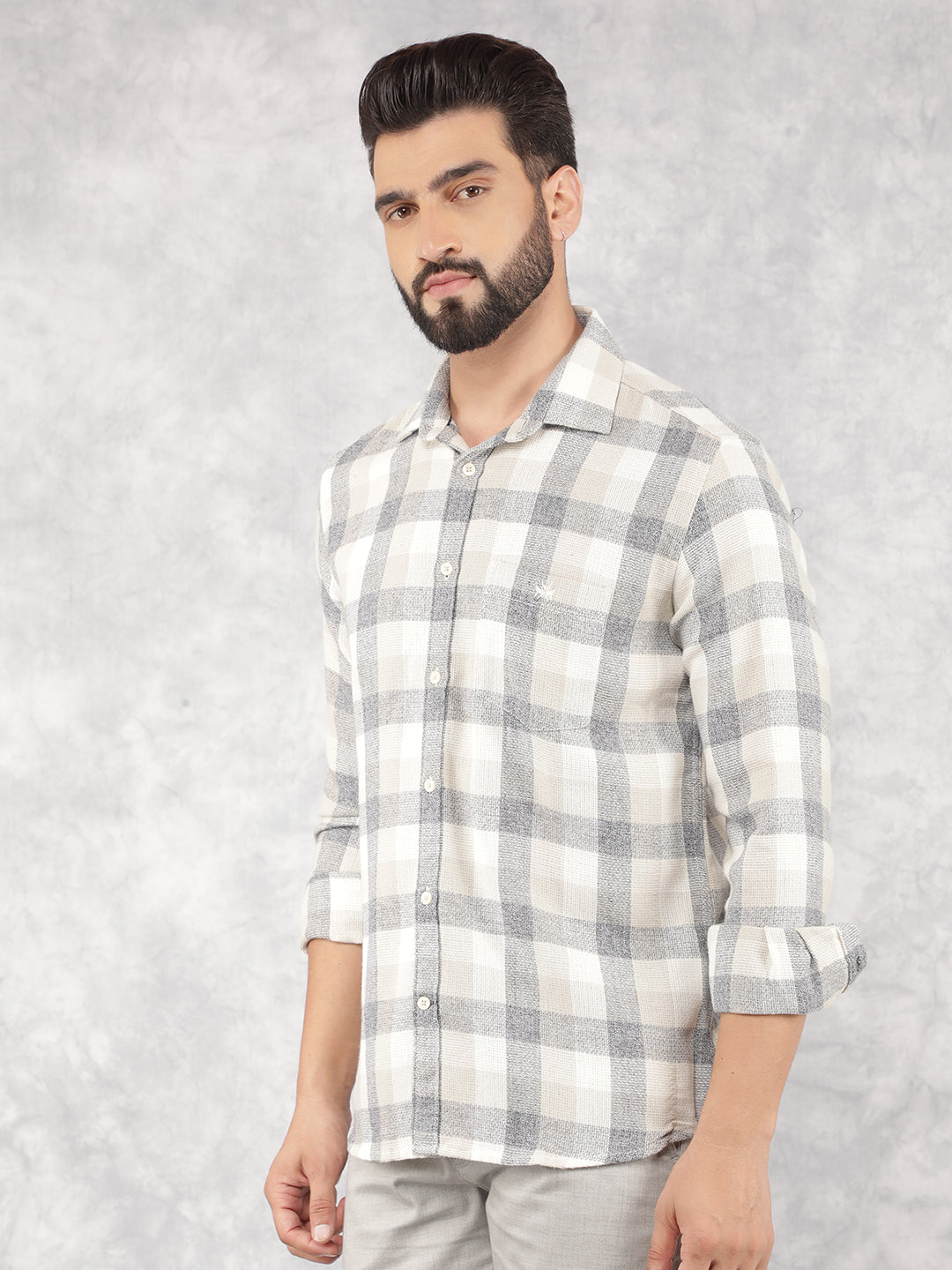 Beige Checked Corduroy Shirt-Men Shirts-Crimsoune Club