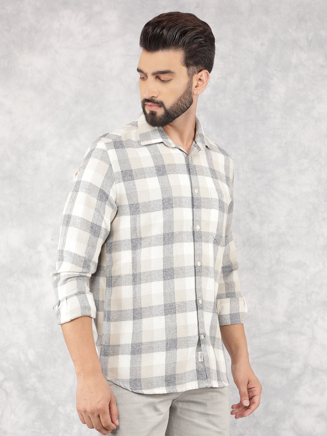 Beige Checked Corduroy Shirt-Men Shirts-Crimsoune Club