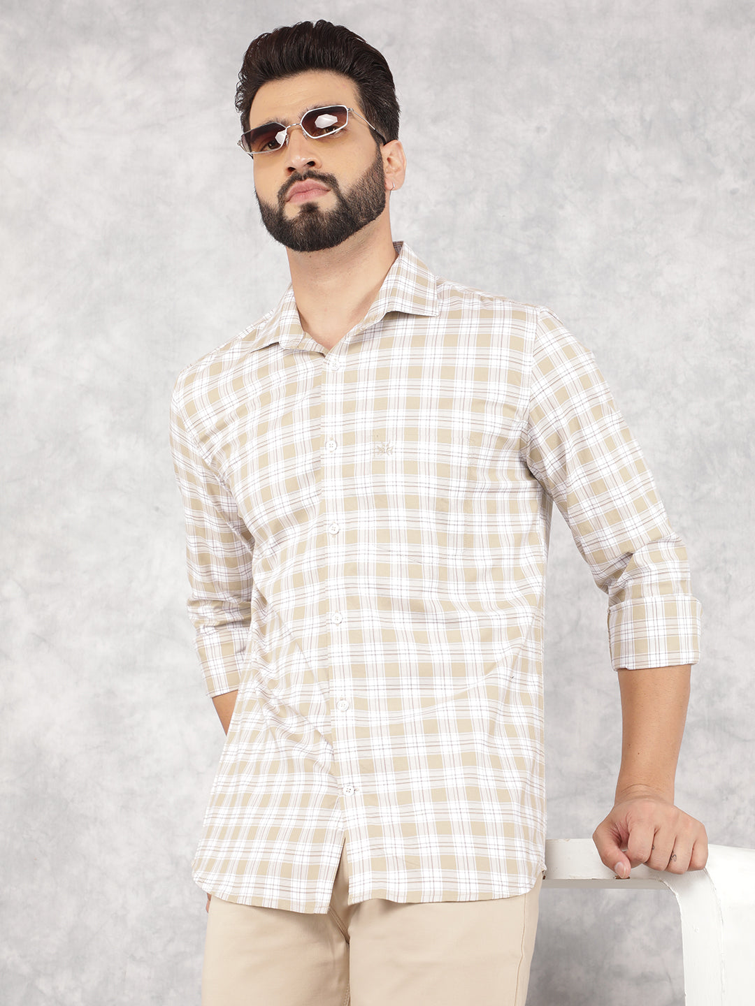 Beige Checked 100% Cotton Shirt-Men Shirts-Crimsoune Club