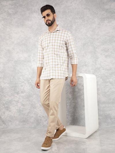 Beige Checked 100% Cotton Shirt-Men Shirts-Crimsoune Club