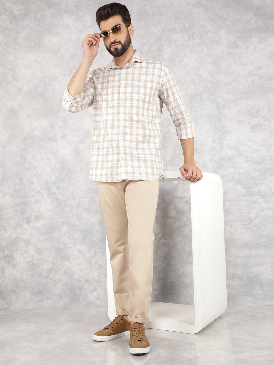 Beige Checked 100% Cotton Shirt-Men Shirts-Crimsoune Club