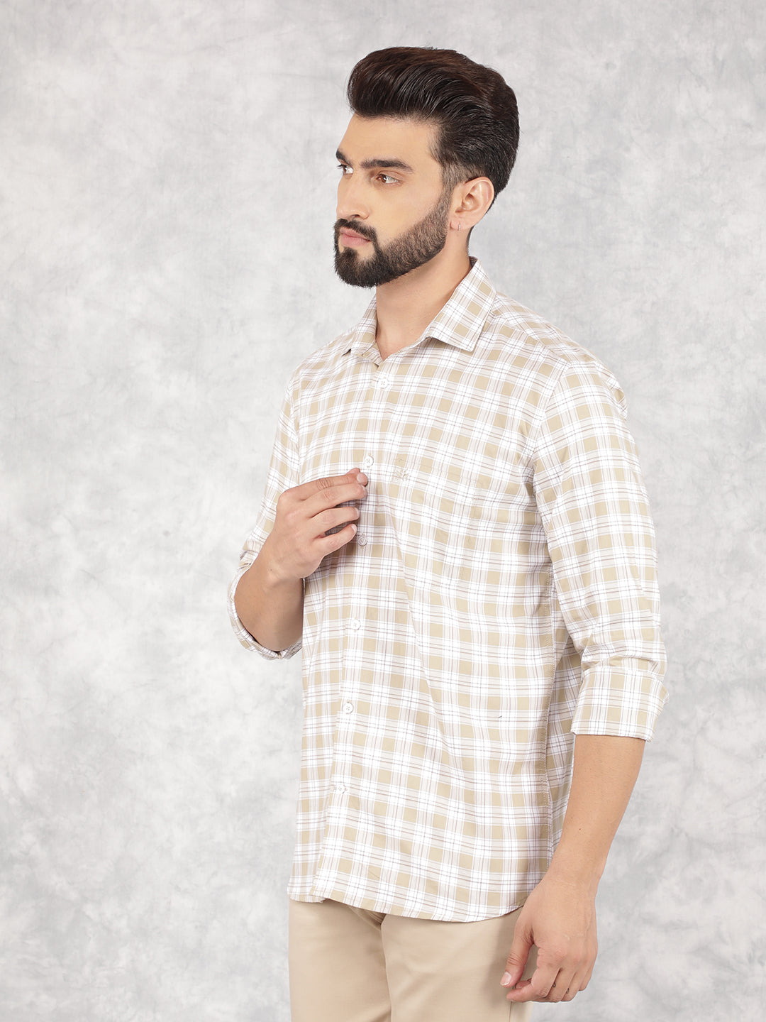 Beige Checked 100% Cotton Shirt-Men Shirts-Crimsoune Club