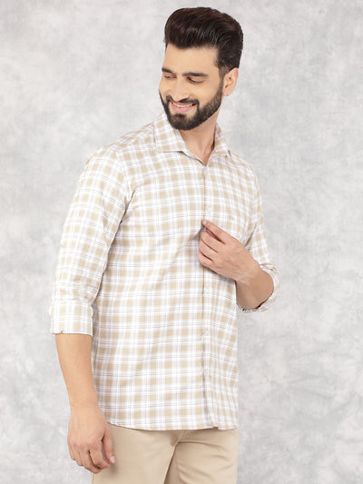 Beige Checked 100% Cotton Shirt-Men Shirts-Crimsoune Club