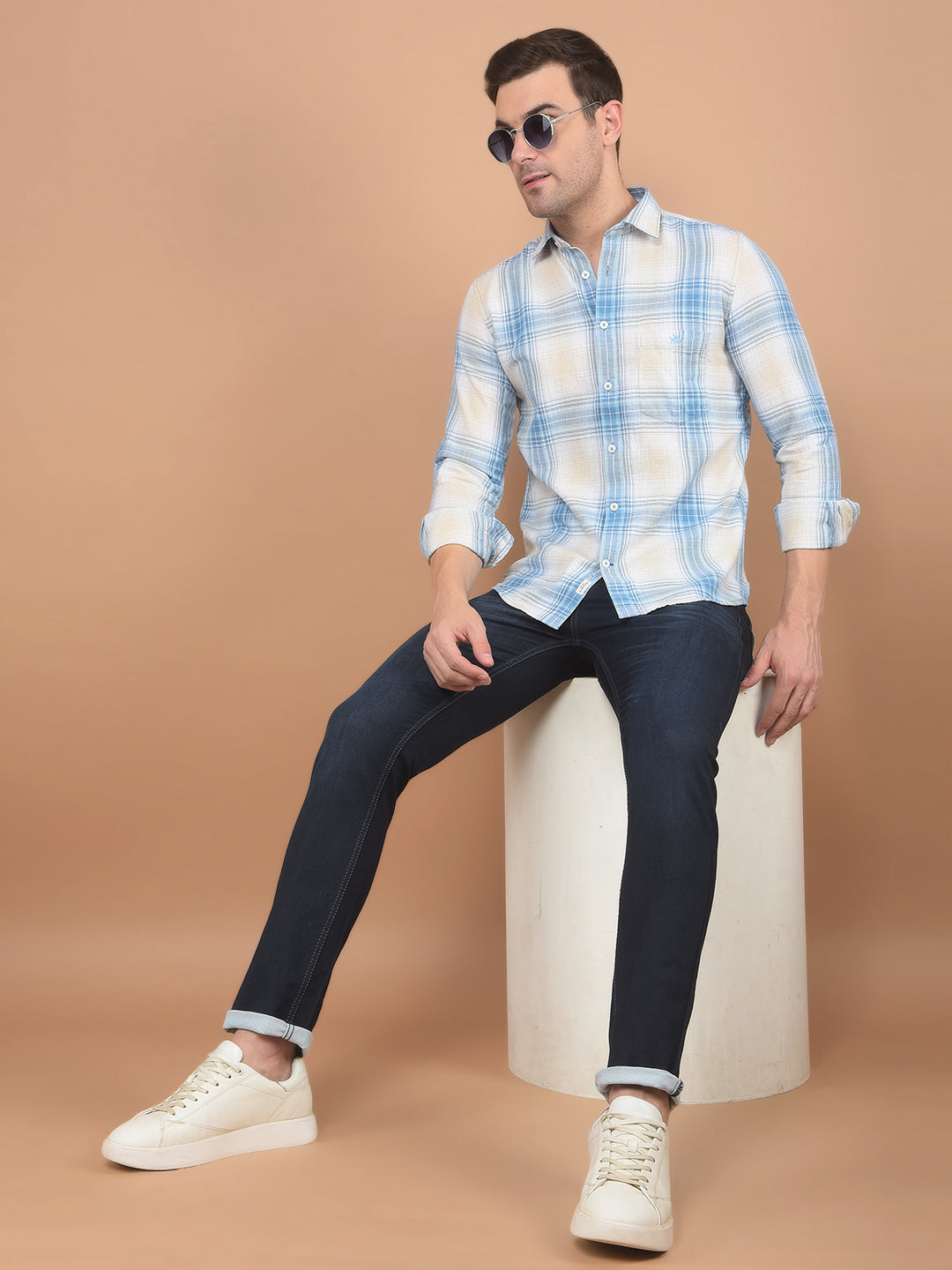 Blue Checked Linen Shirt-Men Shirts-Crimsoune Club