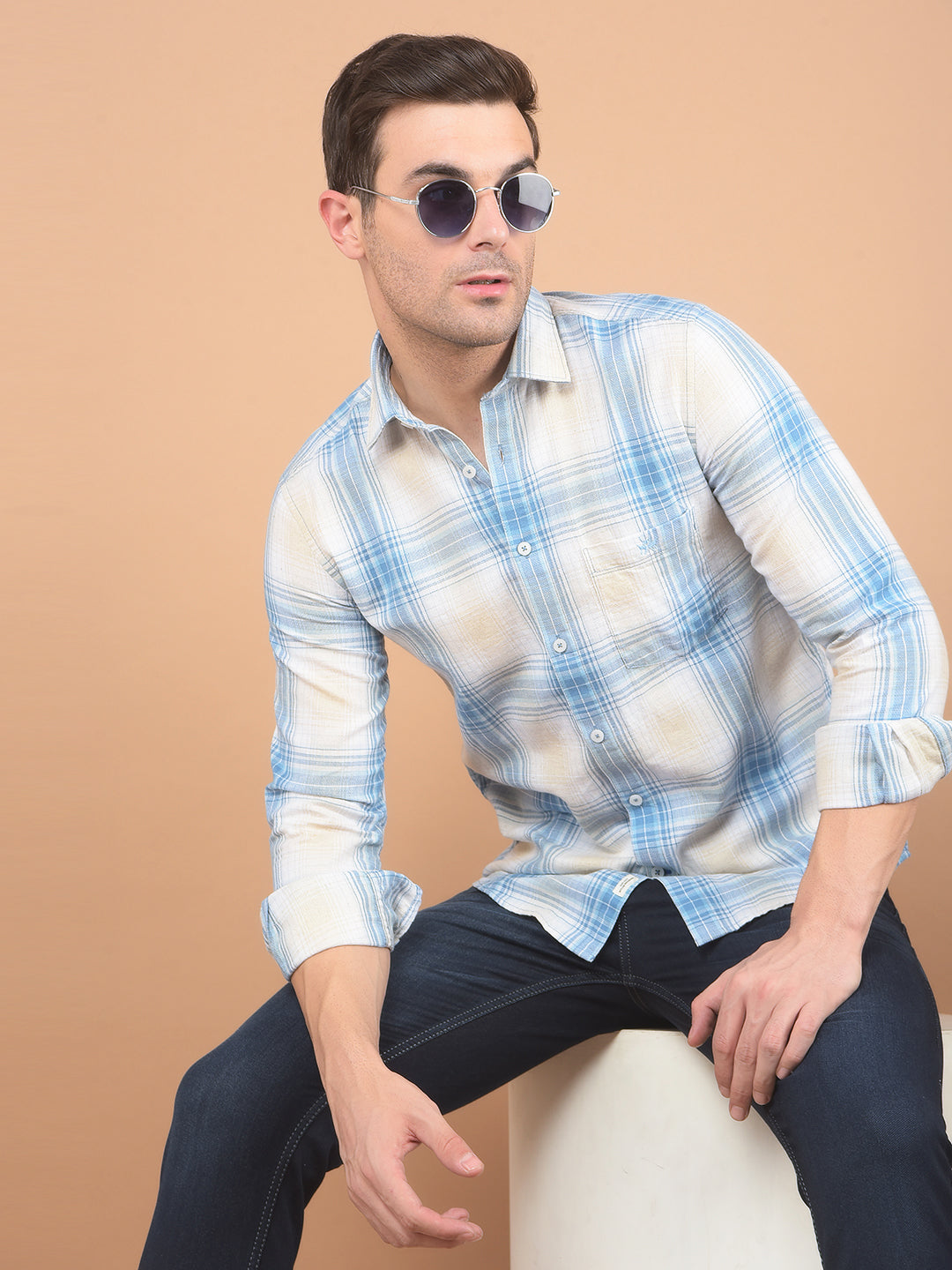 Blue Checked Linen Shirt-Men Shirts-Crimsoune Club