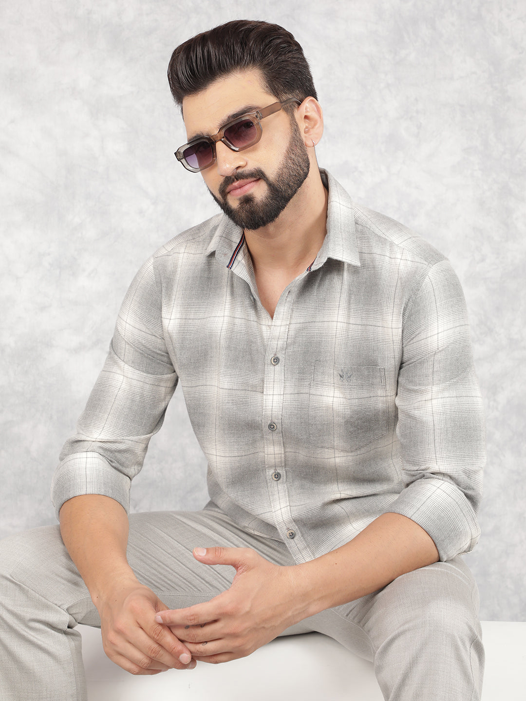 Grey Checked 100% Cotton Shirt-Men Shirts-Crimsoune Club