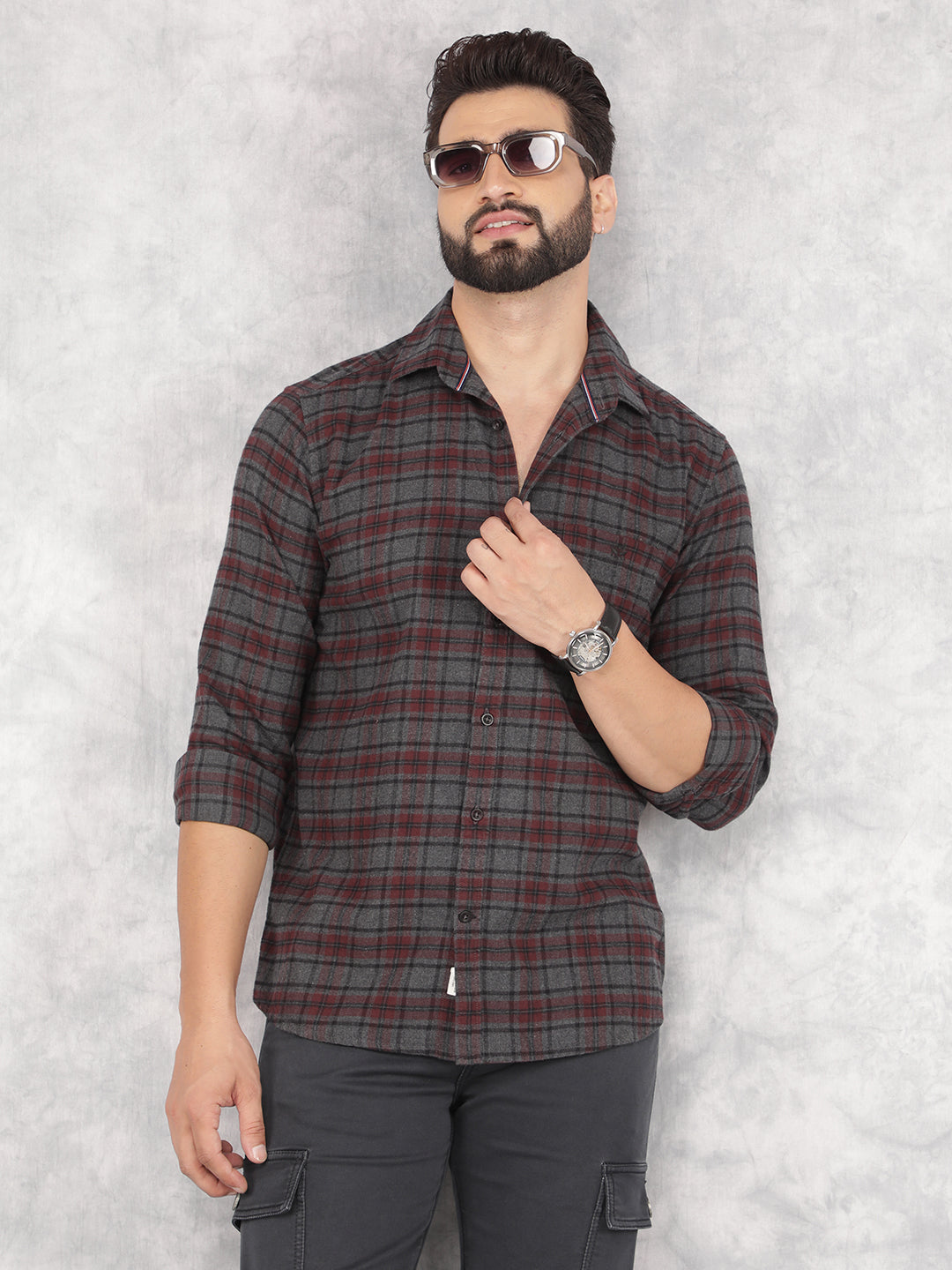 Wine Checked 100% Cotton Shirt-Men Shirts-Crimsoune Club