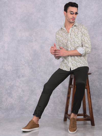 Olive Floral Print Linen Shirt-Men Shirts-Crimsoune Club