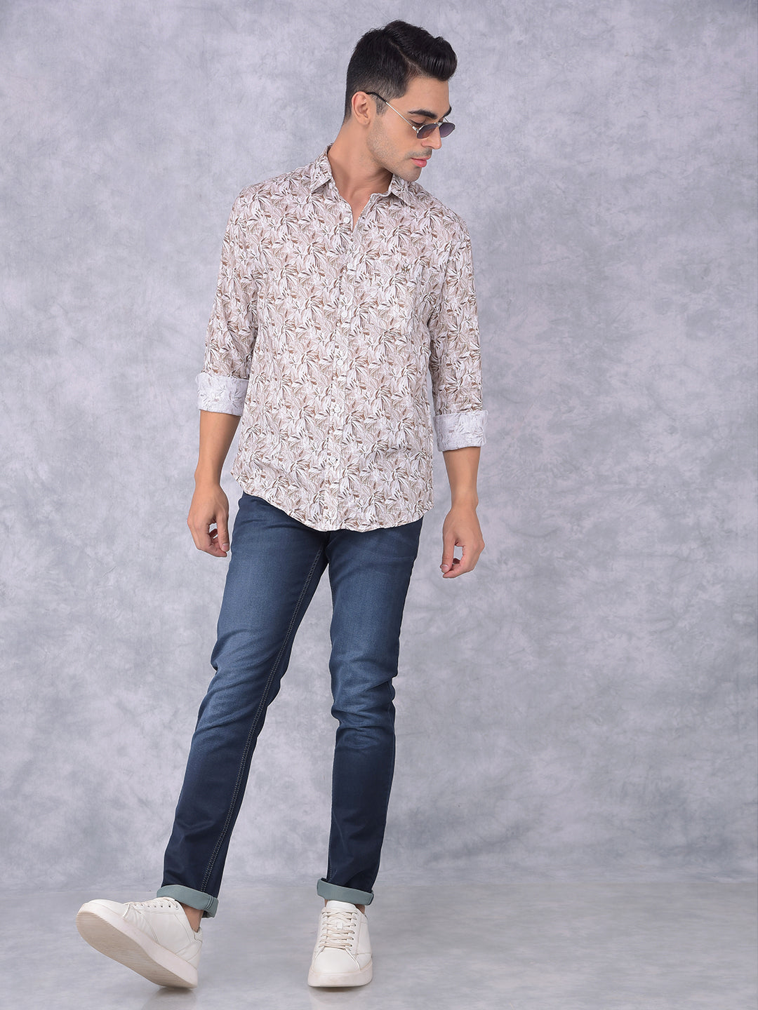 White Floral Print Linen Shirt-Men Shirts-Crimsoune Club