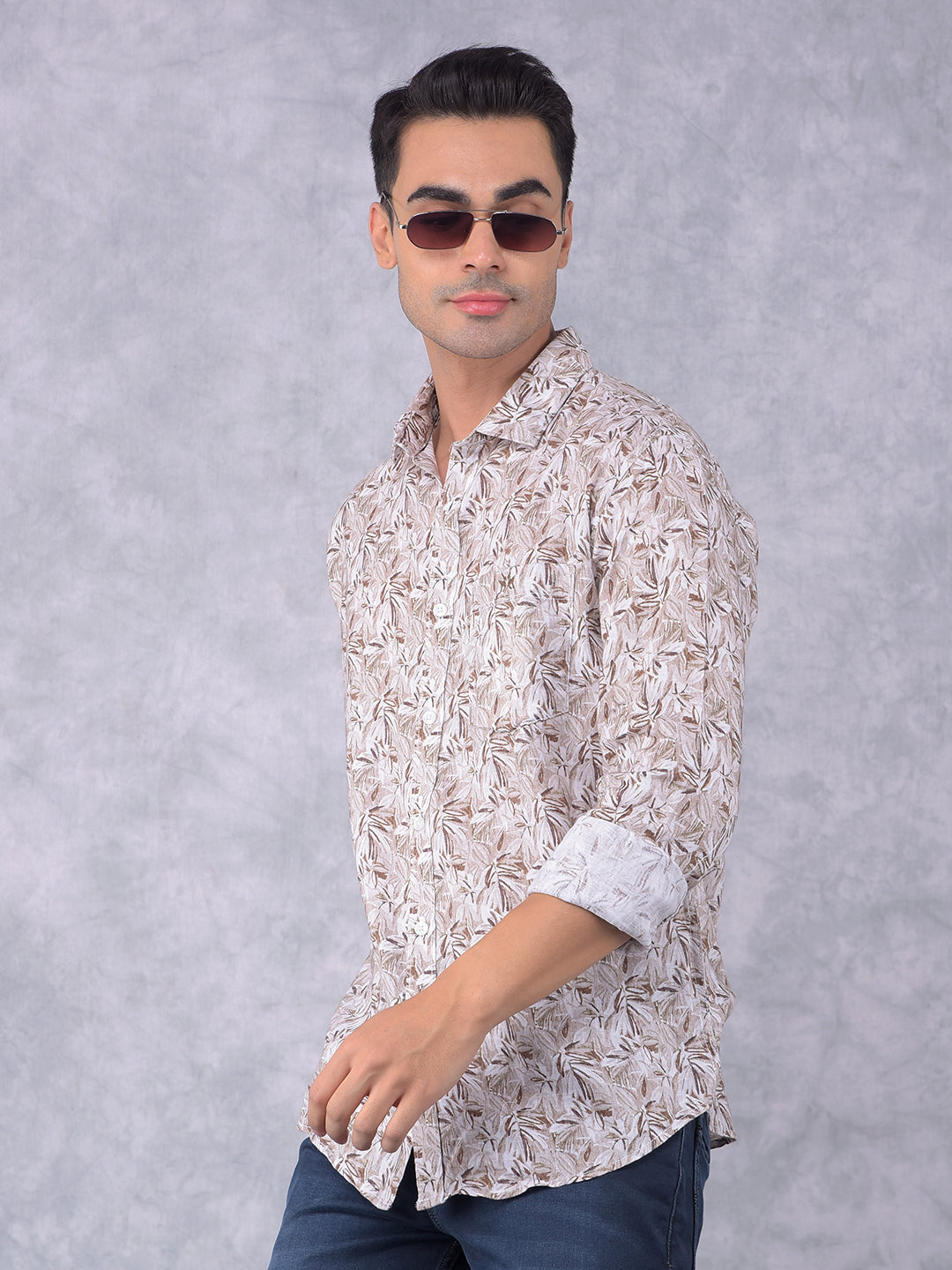 White Floral Print Linen Shirt-Men Shirts-Crimsoune Club