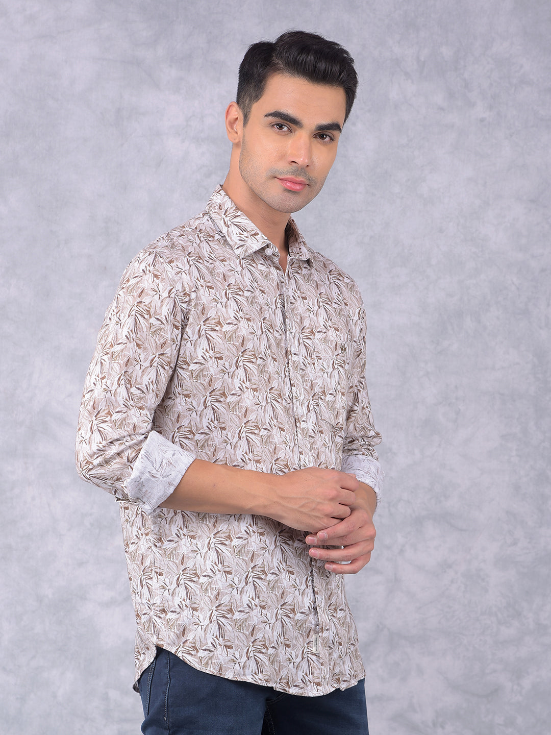 White Floral Print Linen Shirt-Men Shirts-Crimsoune Club