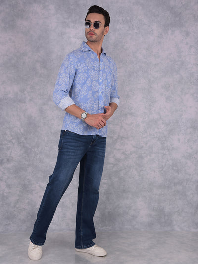 Blue Floral Print Linen Shirt-Men Shirts-Crimsoune Club