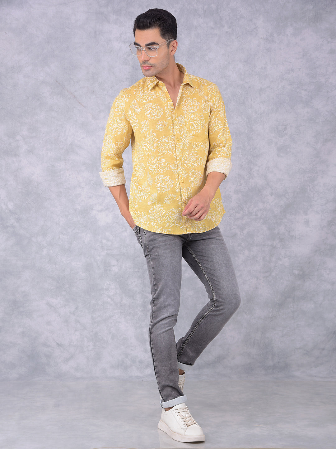 Yellow Floral Print Linen Shirt-Men Shirts-Crimsoune Club