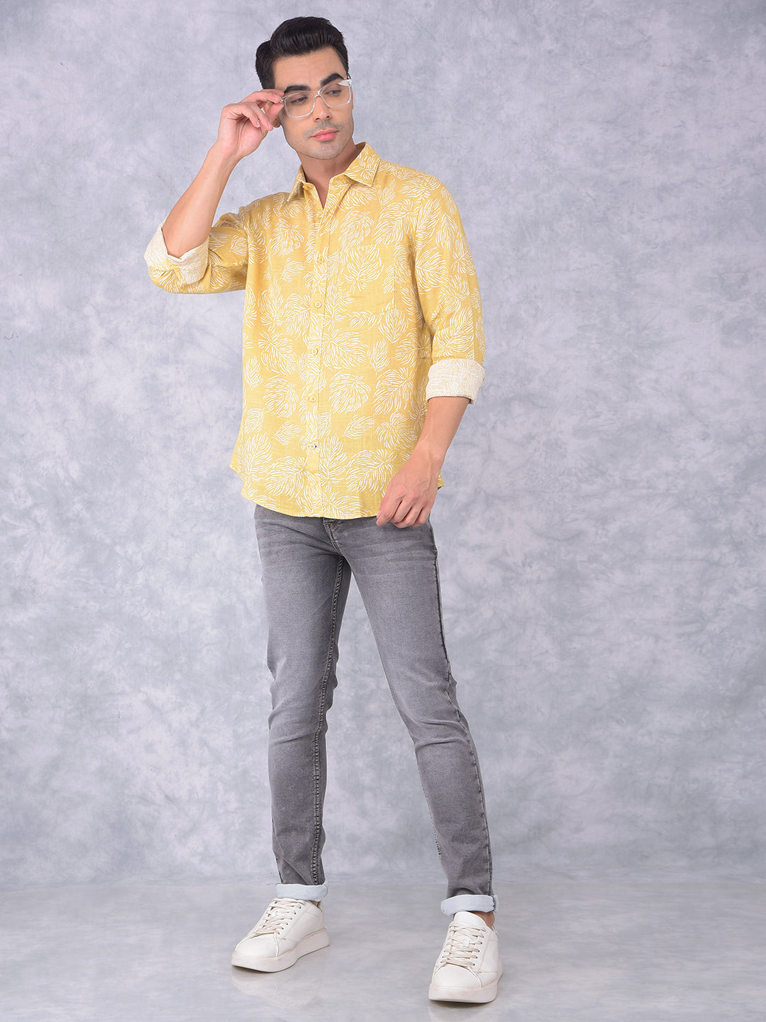 Yellow Floral Print Linen Shirt-Men Shirts-Crimsoune Club