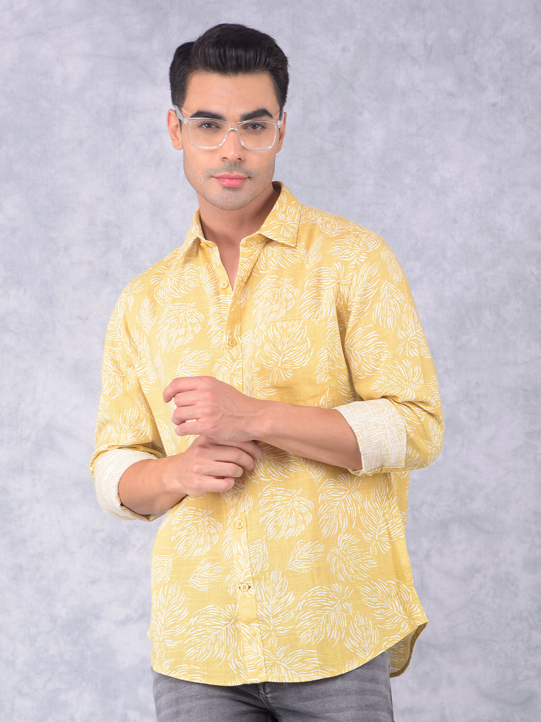 Yellow Floral Print Linen Shirt-Men Shirts-Crimsoune Club