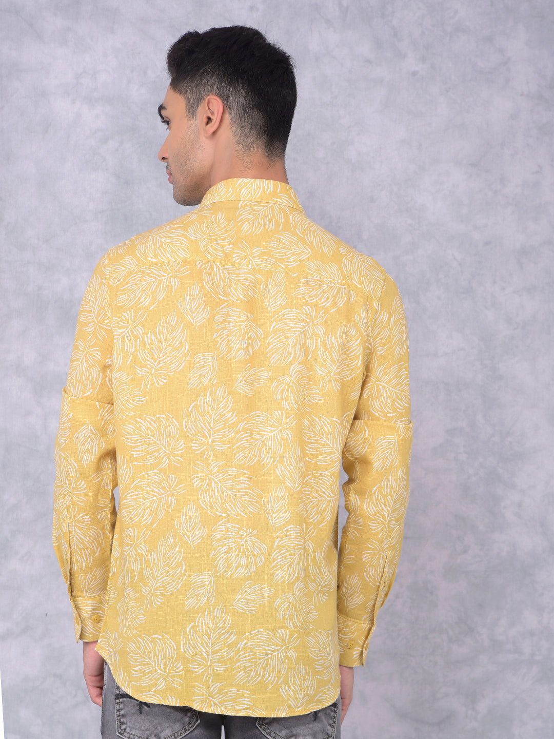 Yellow Floral Print Linen Shirt-Men Shirts-Crimsoune Club