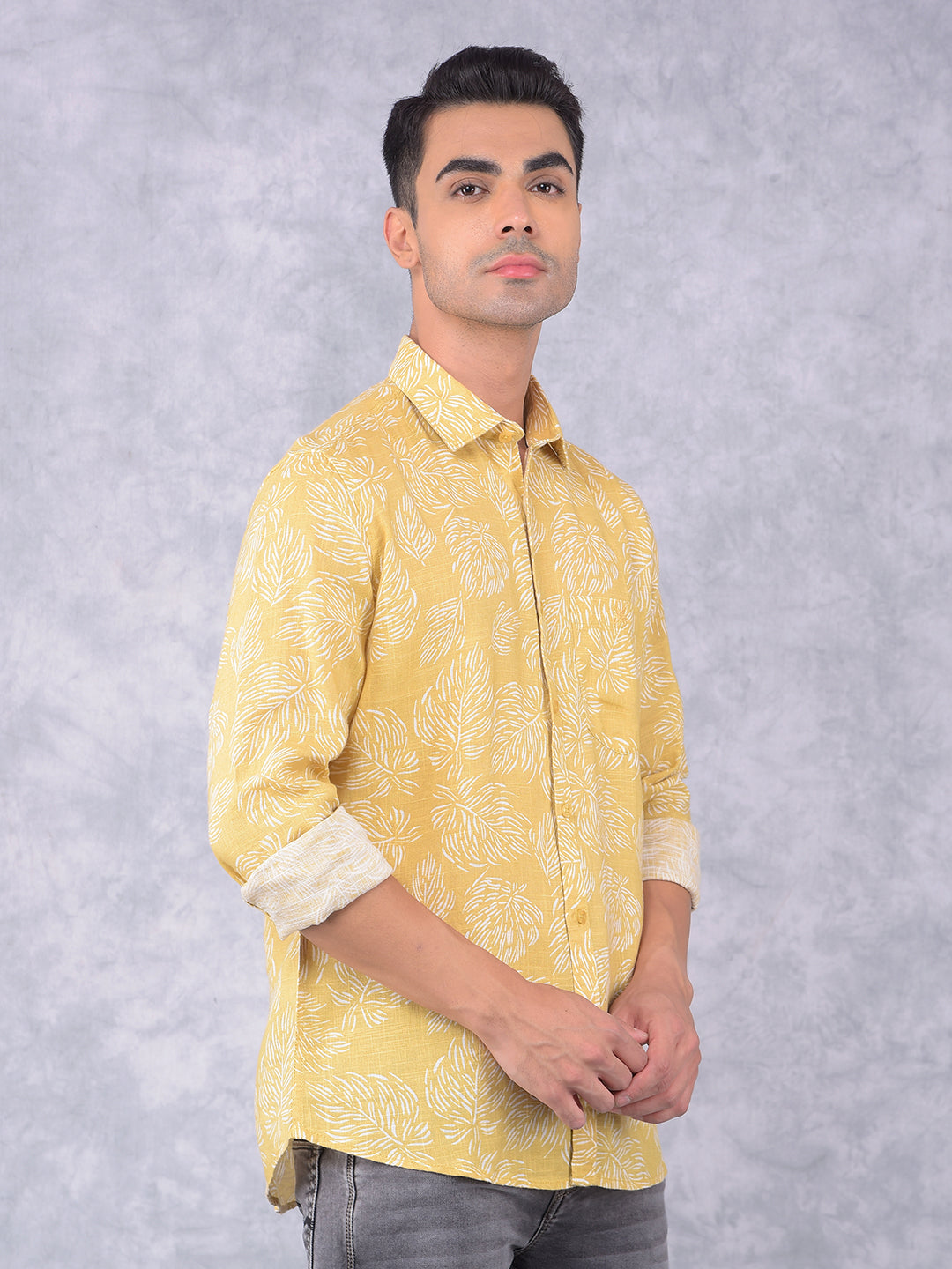 Yellow Floral Print Linen Shirt-Men Shirts-Crimsoune Club