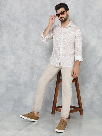 Beige Printed Linen Shirt-Men Shirts-Crimsoune Club