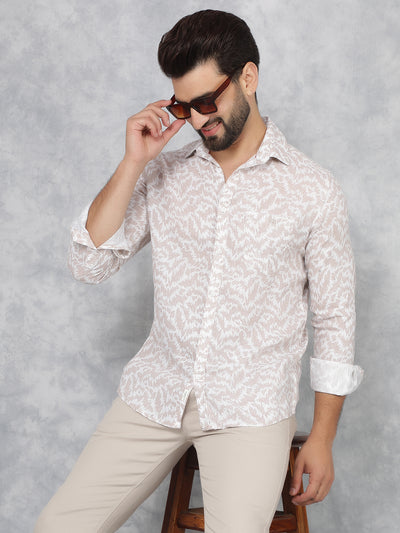 Beige Printed Linen Shirt-Men Shirts-Crimsoune Club