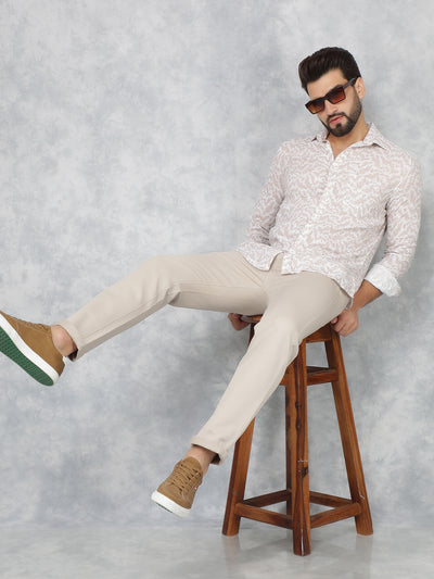 Beige Printed Linen Shirt-Men Shirts-Crimsoune Club