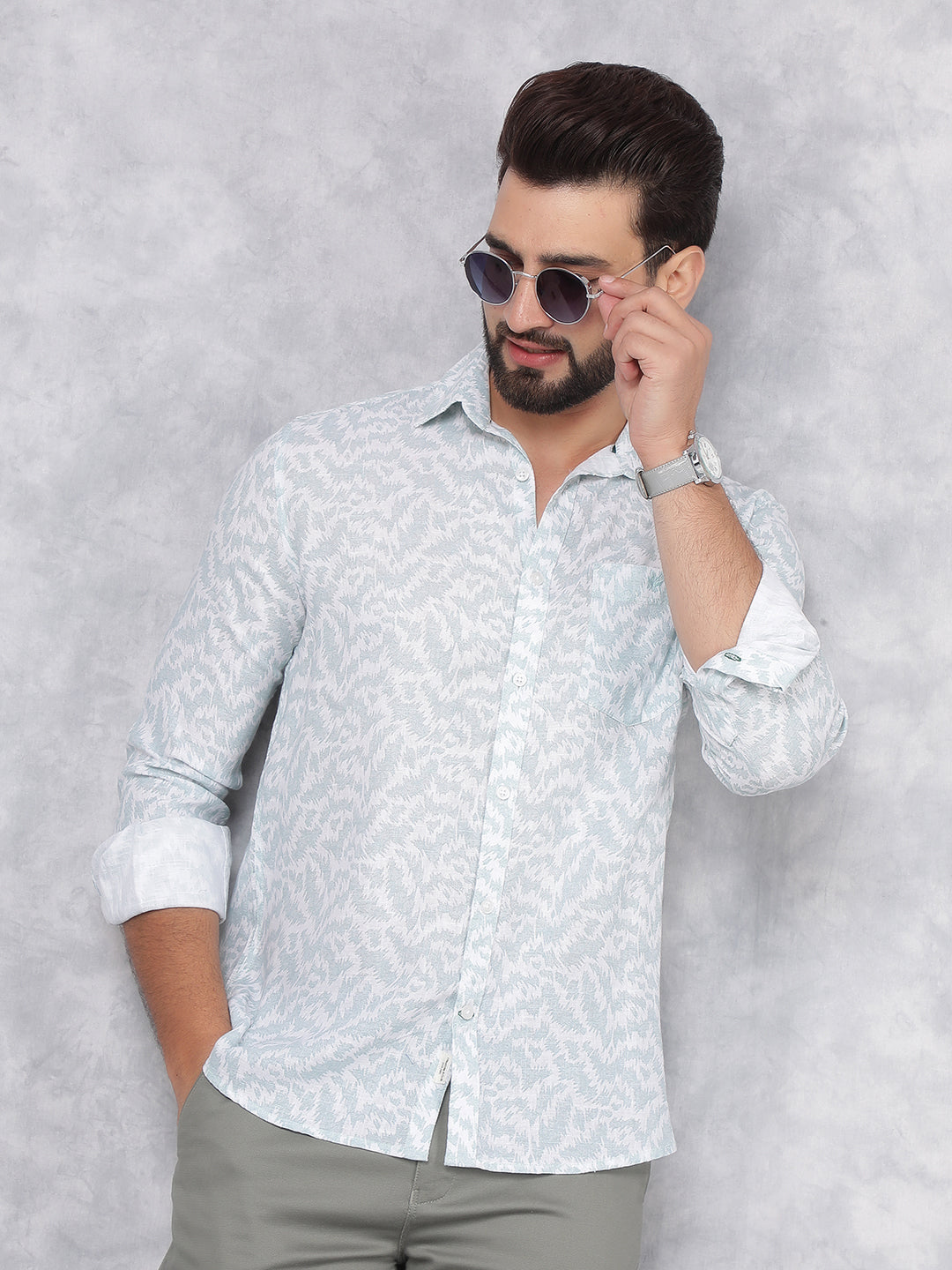 Green Printed Linen Shirt-Men Shirts-Crimsoune Club