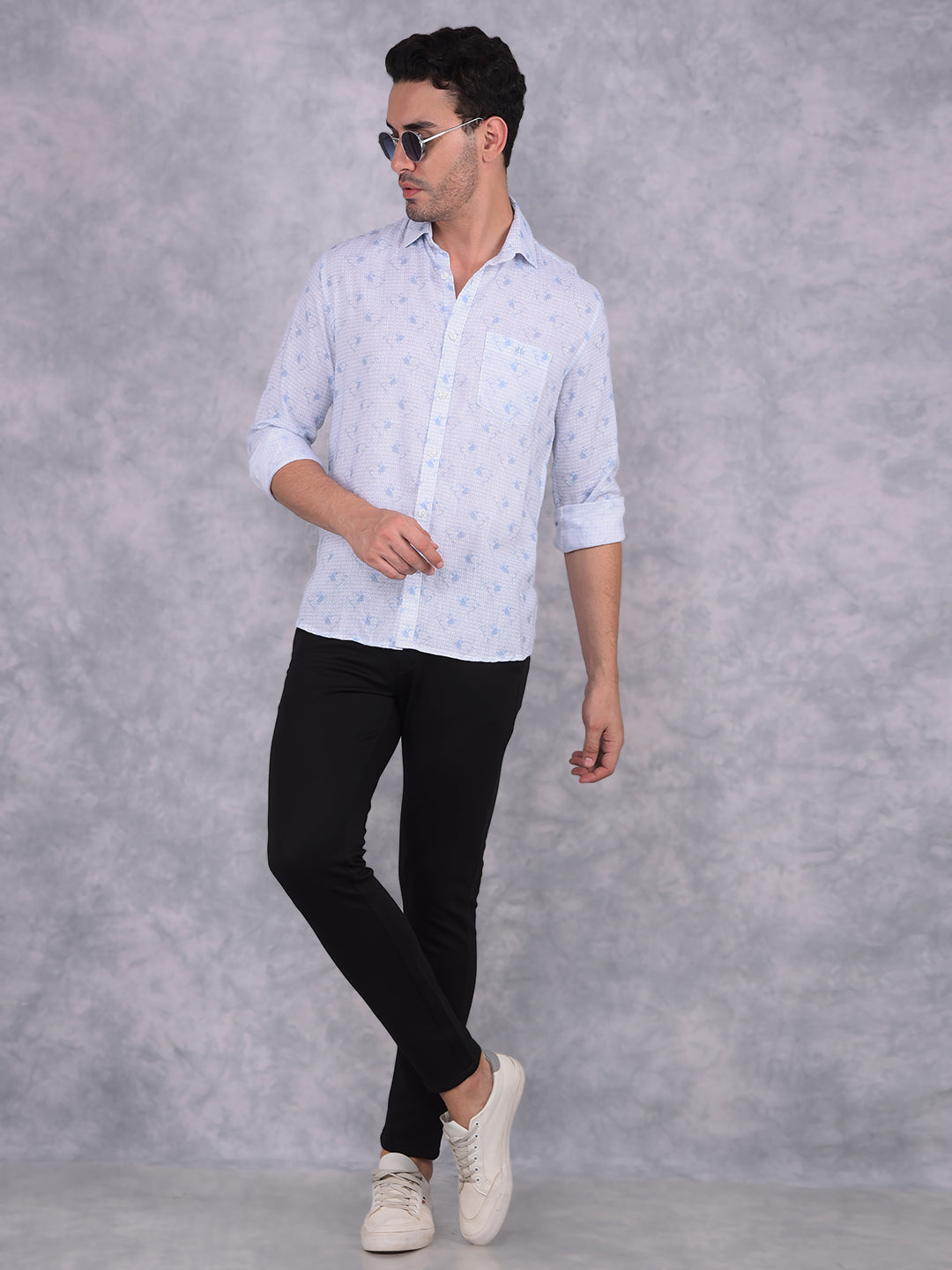 Blue Printed Linen Shirt-Men Shirts-Crimsoune Club