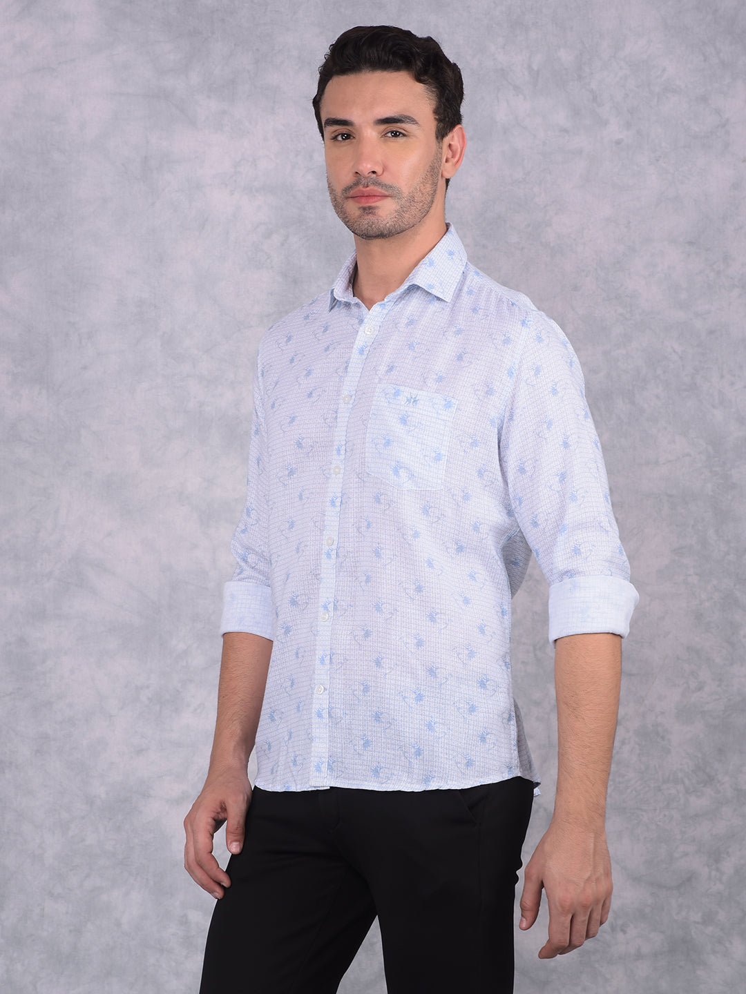 Blue Printed Linen Shirt-Men Shirts-Crimsoune Club