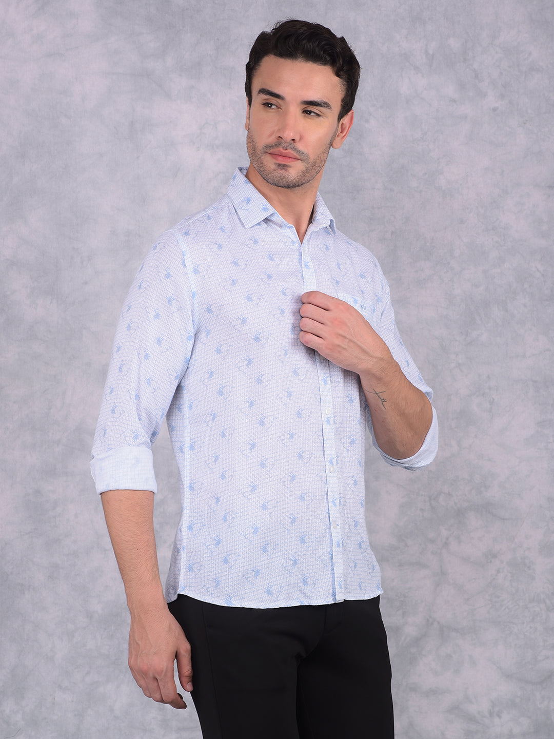 Blue Printed Linen Shirt-Men Shirts-Crimsoune Club