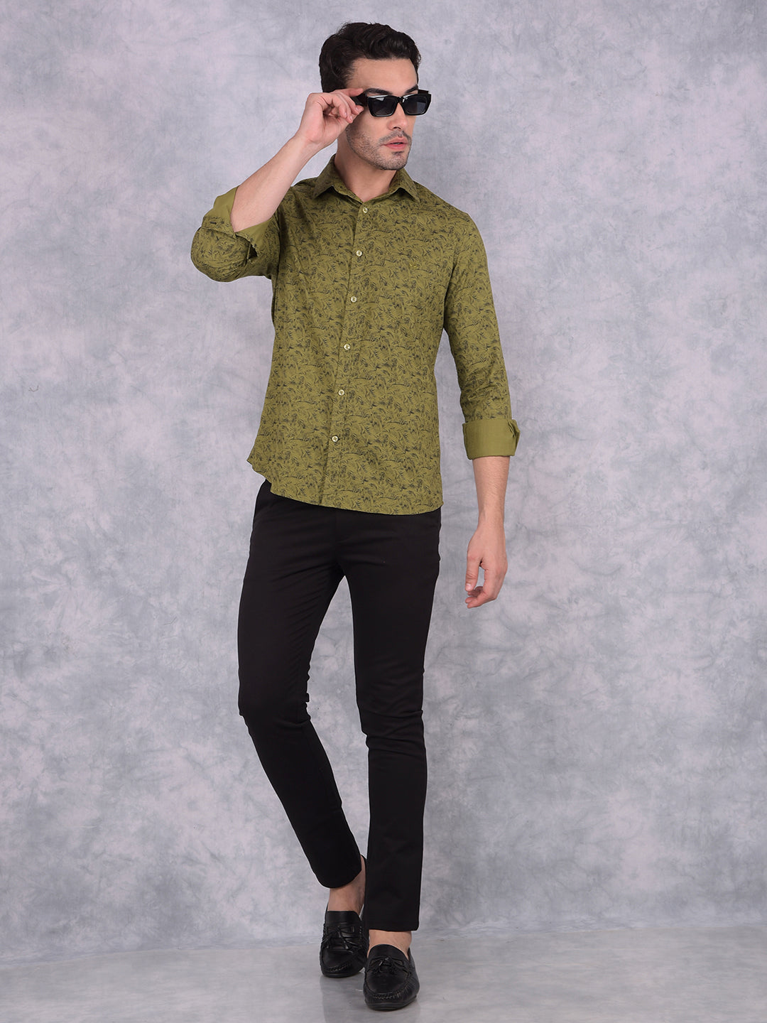 Olive Floral Print 100% Cotton Shirt-Men Shirts-Crimsoune Club