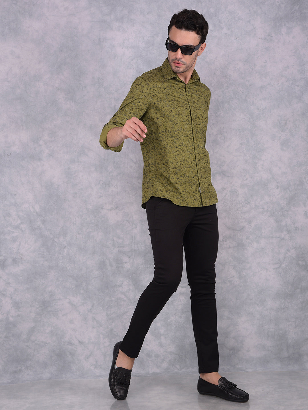 Olive Floral Print 100% Cotton Shirt-Men Shirts-Crimsoune Club