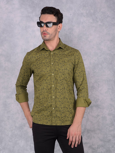 Olive Floral Print 100% Cotton Shirt-Men Shirts-Crimsoune Club