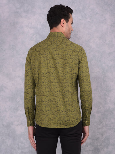 Olive Floral Print 100% Cotton Shirt-Men Shirts-Crimsoune Club