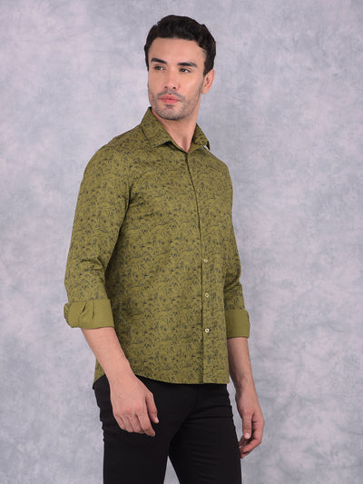 Olive Floral Print 100% Cotton Shirt-Men Shirts-Crimsoune Club