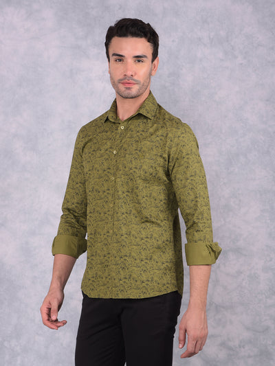 Olive Floral Print 100% Cotton Shirt-Men Shirts-Crimsoune Club