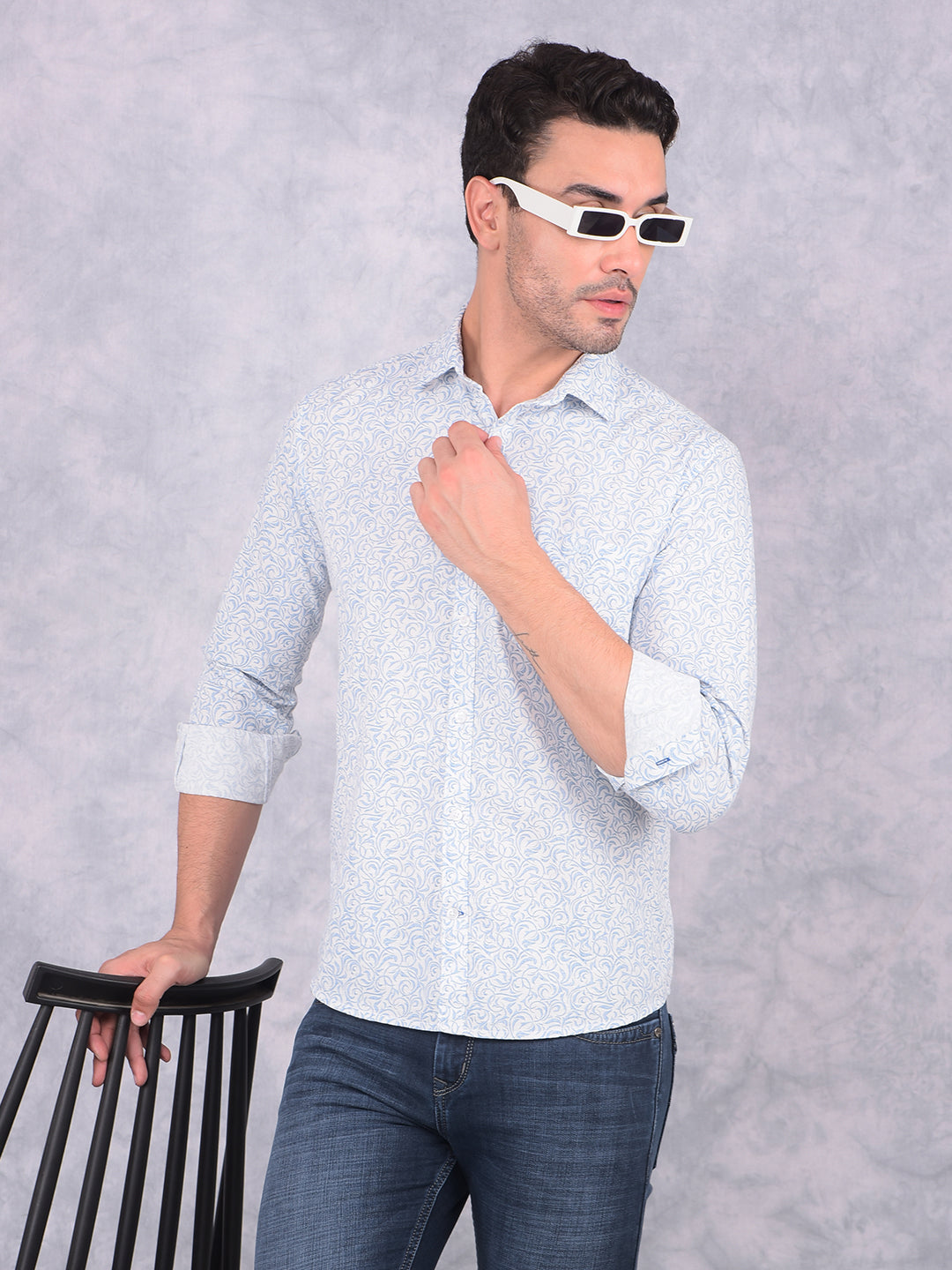 Blue Printed 100% Cotton Shirt-Men Shirts-Crimsoune Club