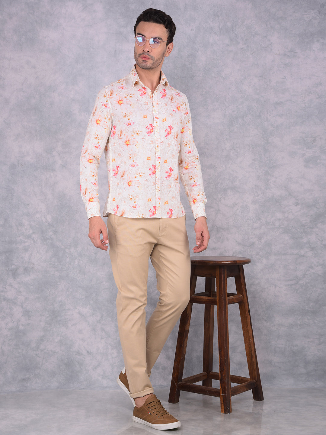 Orange Floral Print Linen Shirt-Men Shirts-Crimsoune Club