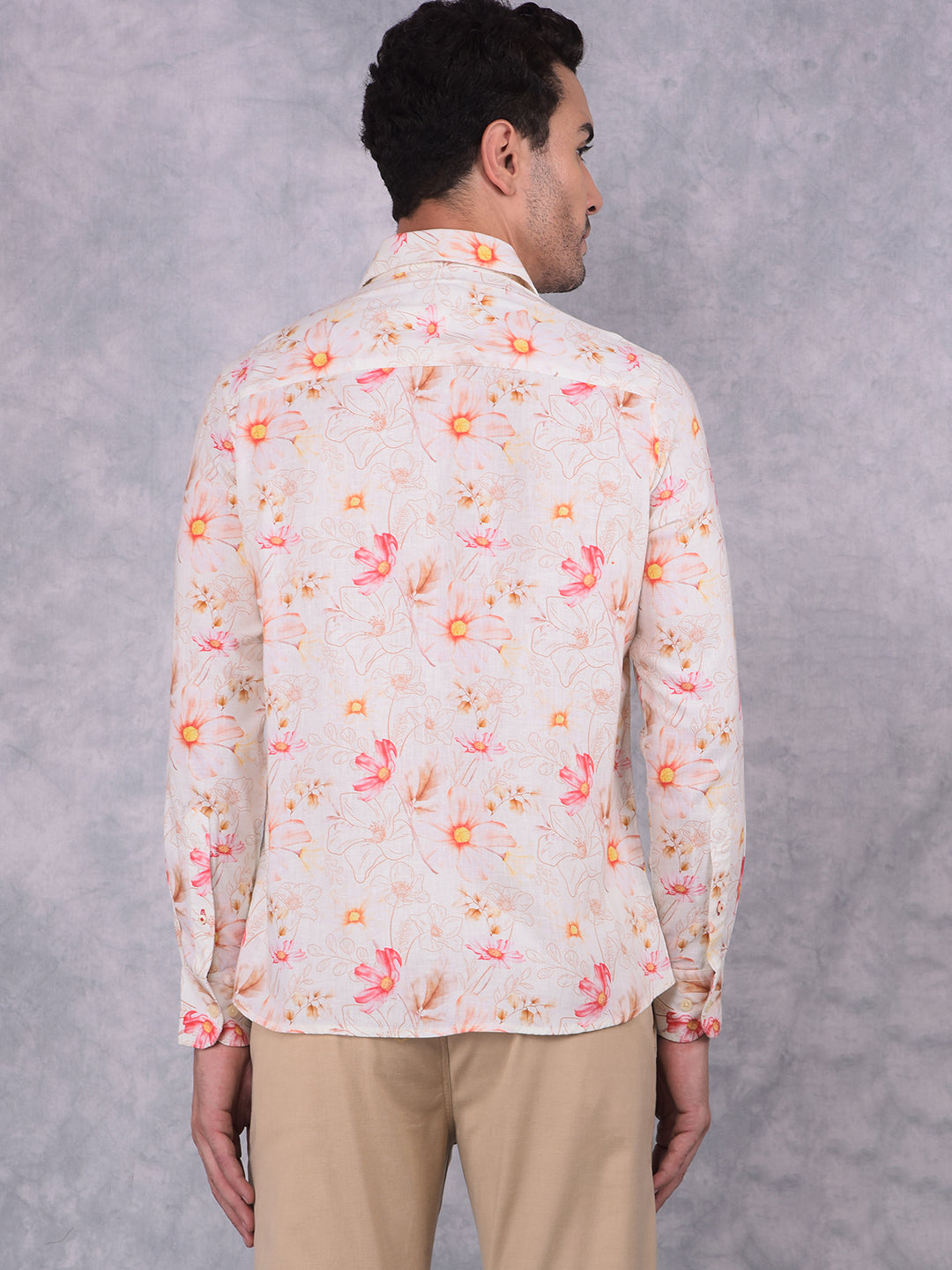 Orange Floral Print Linen Shirt-Men Shirts-Crimsoune Club