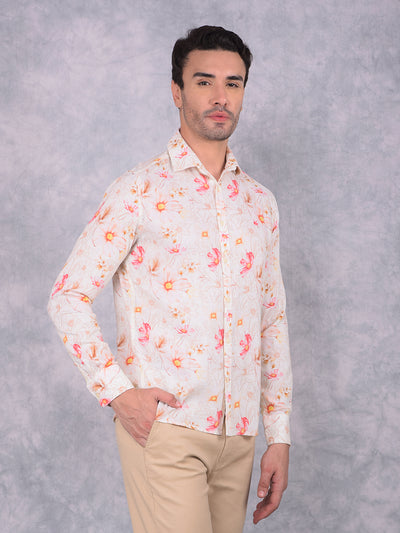 Orange Floral Print Linen Shirt-Men Shirts-Crimsoune Club